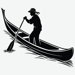 Fototapeta premium Person navigating a boat with a paddle image silhouette design vector art and illustration