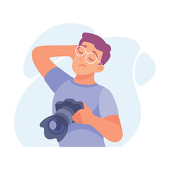 A Young Photographer is Posing with a Camera in a Unique and Creative Style while Smiling