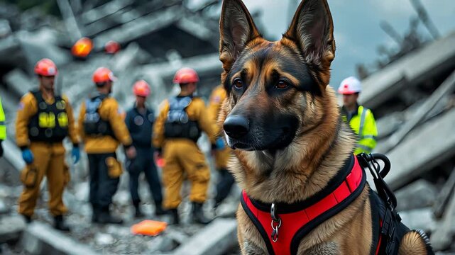 German shepherd search and rescue dog in red harness with emergency response team in background working on collapsed rubble disaster site

