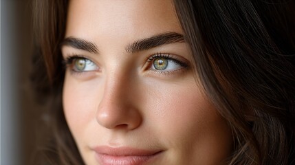 Obraz premium Hazeleyed woman gazes into the distance thoughtful