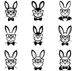 Black and White Bunny Illustration with Glasses and Bowtie - Cute Minimalist Rabbit Design