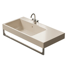 A white sink with a silver faucet