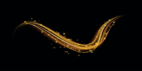 Long exposure light painting photography, curvy lines of vibrant neon metallic yellow gold against a black background. Gold light spiral effect. Glittering wavy trail © A_stock