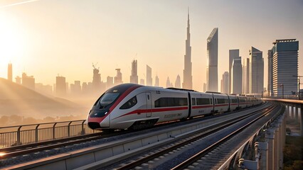 High-Speed Train on Elevated Tracks with Modern City Skyline