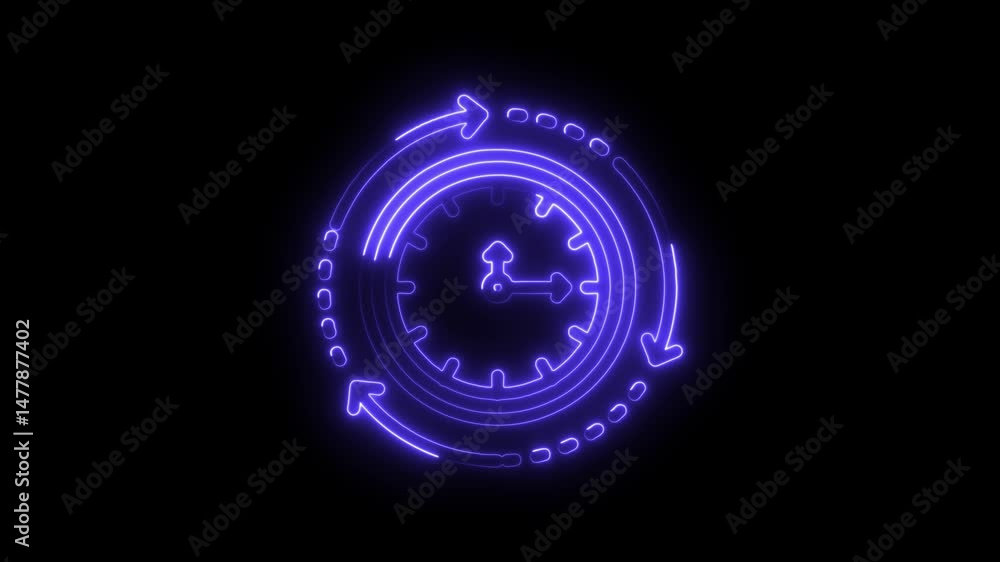 Aufkleber neon clock with arrows rotating around time symbolizing time management and processes on black backg