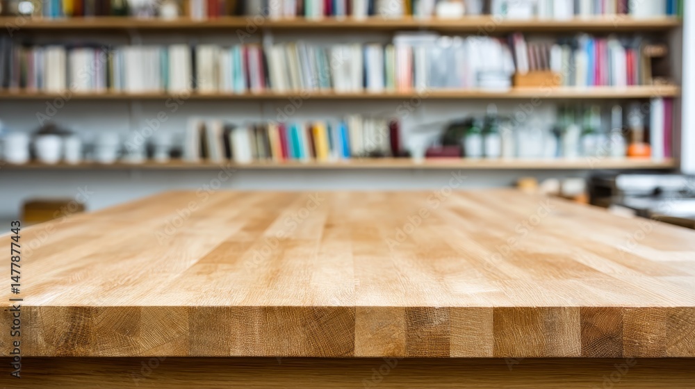 Poster A polished oak table sits in a minimalist living space with blurred bookshelves visible behind, ideal for showcasing product displays in a clean environment