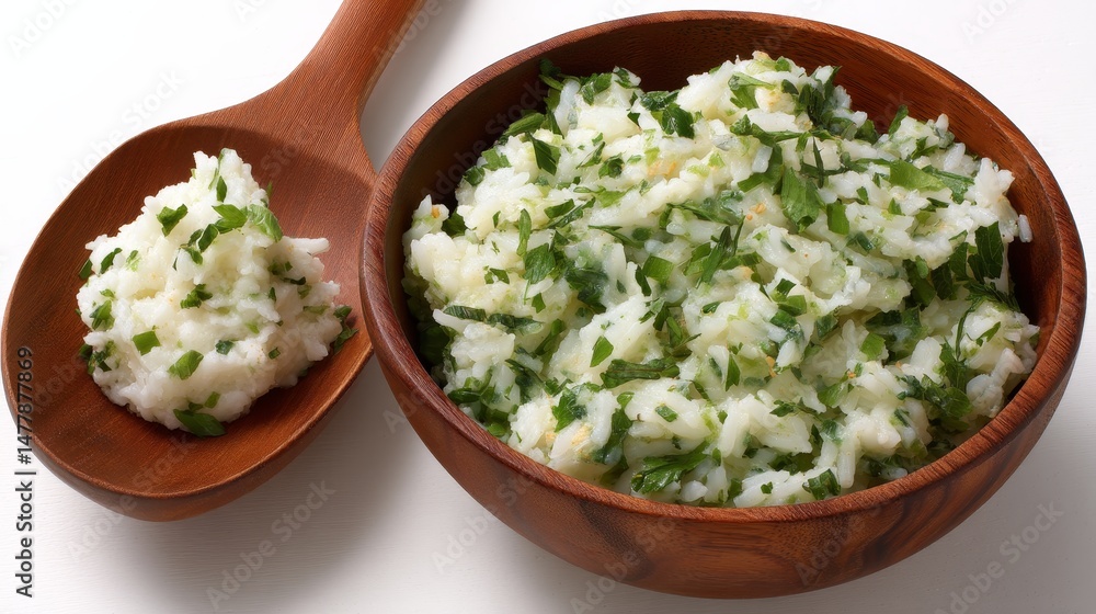 Aufkleber wooden chopsticks lie beside a portion of garnish and rice on a bare white surface. soft studio ligh