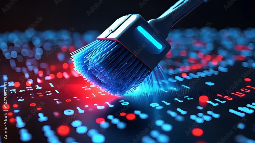 Poster close-up of digital brush sweeping glowing red and blue binary code, concept of cybersecurity cleanu