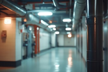 Fototapeta premium Industrial interior hallway with pipes and bright illumination perspective