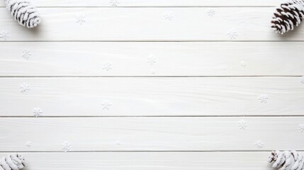 Bright white painted wooden plank surface background decorated with snow-covered pine cones and delicate snowflake shapes, ideal for winter design.