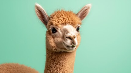 Fototapeta premium Cute Alpaca with Fluffy Fur Posing Against a Soft Green Background