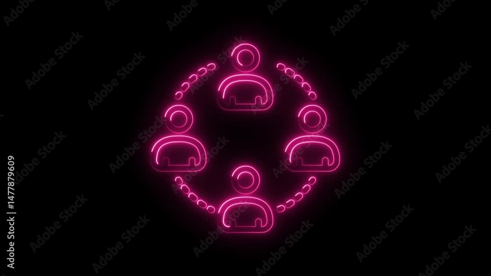 Poster glowing pink neon style group of people connecting in circular pattern animation