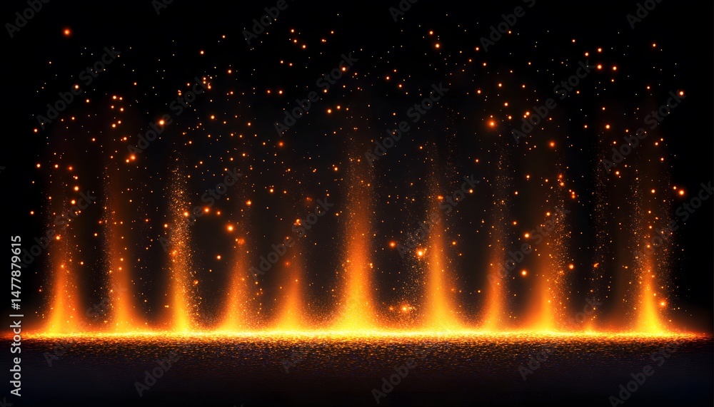 Poster abstract fiery effect with glowing particles on dark background.