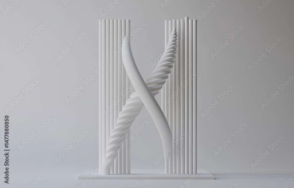 Poster abstract white twisting shapes with vertical rods and platform base design