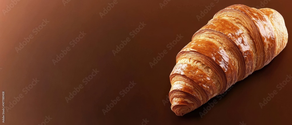Poster studio shot of a golden brown croissant on a brown background with copy space for text and design el