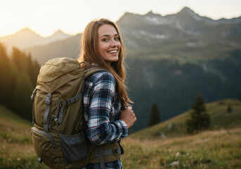 Naklejka premium Adventurer with Large Backpack in Scenic Mountain Landscape, Warm Golden Sunset, Outdoor Travel, Hiking Exploration, Nature Photography, Serene Wilderness, Escape into the Wild