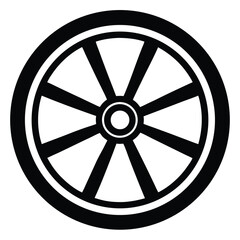 Simple Black and White Wheel Icon Depicting Spokes, Hub and Tire Design