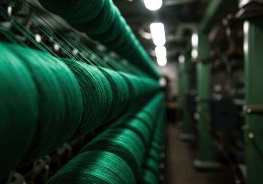 Emerald Threads Converging A tapestryof vibrantgreenyarnsunfoldingfromindustrialspoolsinanintriguingfactorysetting