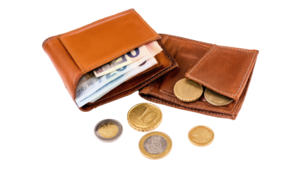 Unfolded Classic Brown Leather Wallet With  isolated on a transparent background