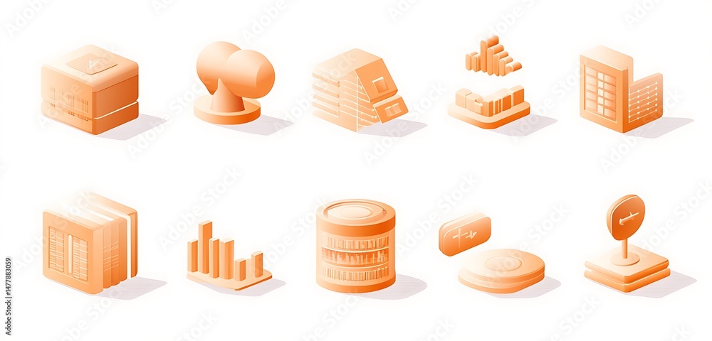 Poster vector icon set in light orange for big data processing and management