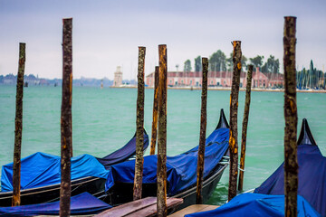 Gondolas with blue covers in Venice's serene waters