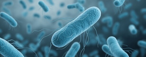 Close-up of blue bacteria in an abstract background, showcasing cellular structures and movements.