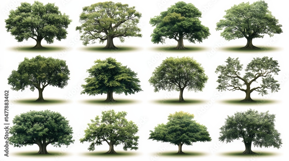 Poster collection of trees in various sizes and shapes. the trees are all green and are spread out across t