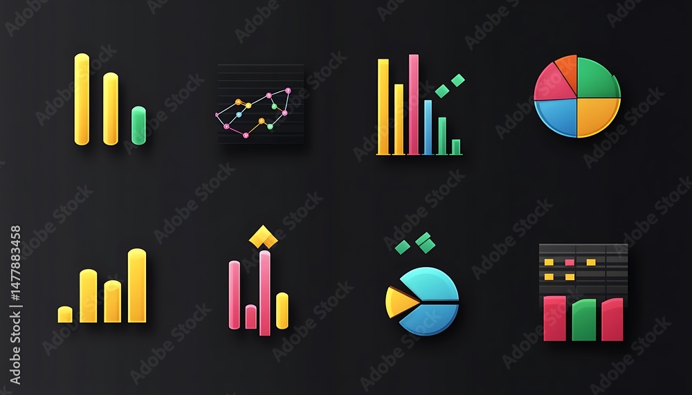 Poster vector icons showing graphs and pie charts for analytics, isolated on black