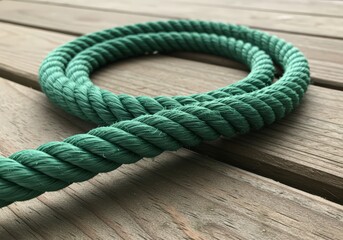 Obraz premium Thick Twisted Green Nylon Rope Coil on Weathered Wooden Surface, Nautical Texture