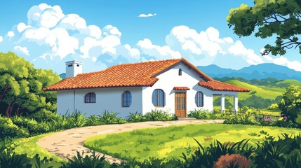 Fototapeta premium Beautiful house in the colombian countryside on a sunny day illustration , no logos, no brands