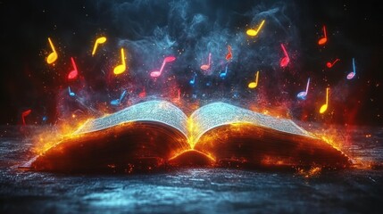 Open book, burning with musical notes