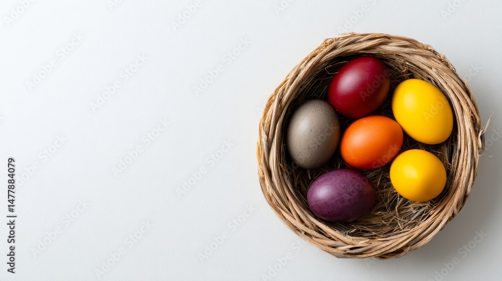 Poster a woven basket holds an array of vibrant easter eggs, resting on a clear white surface with a soft s