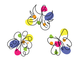 Three Abstract Butterflies Continuous Line Art Colorful Design Illustration