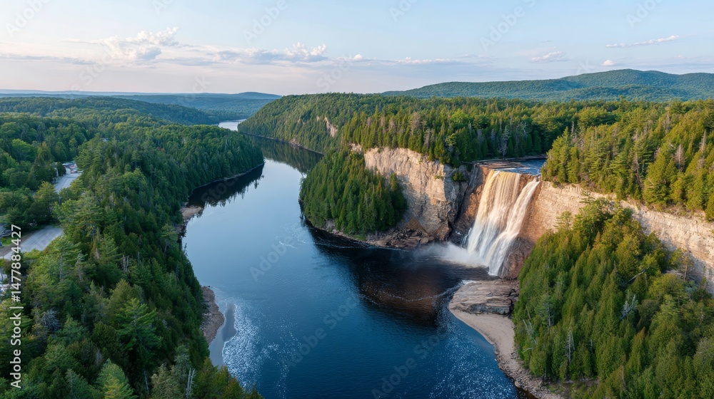 Poster majestic waterfall flows down a vibrant cliff surrounded by rich greenery as the sun sets, creating 