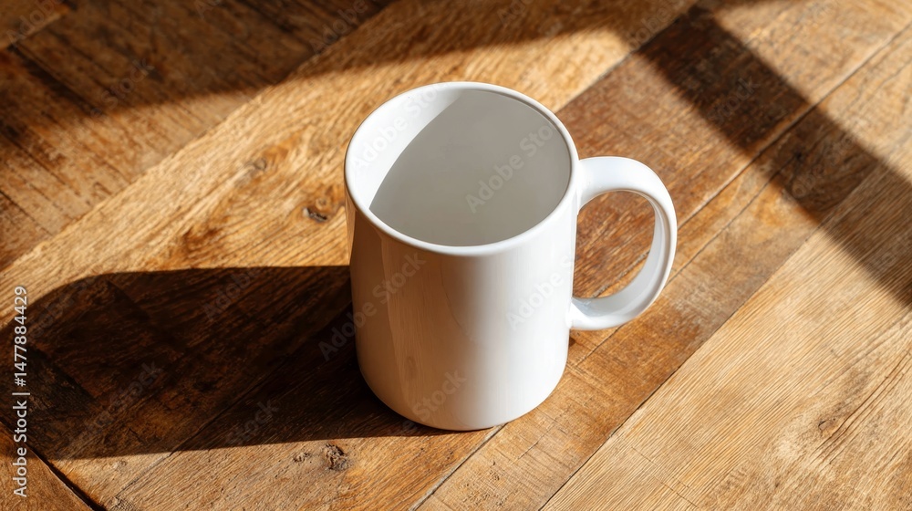 Aufkleber a plain white mug rests on a rustic wooden table. warm light from the side creates soft shadows, per
