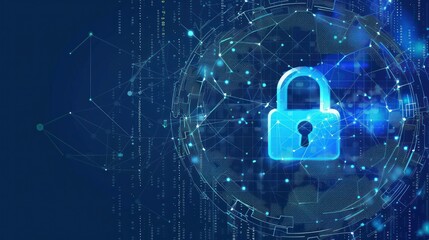 Digital security concept shows a glowing blue padlock inside a connected sphere