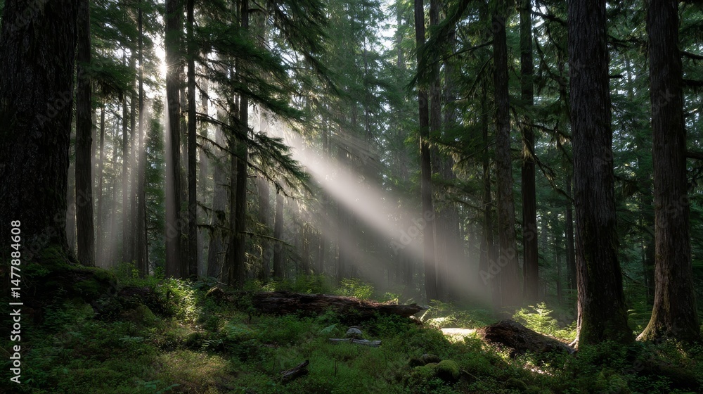 Poster Soft beams of light filter through the forest fog, illuminating the undergrowth and creating a magical atmosphere amidst the towering trees