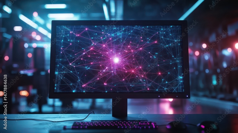 Poster futuristic computer monitor displaying a vibrant digital network concept with star-like connections.