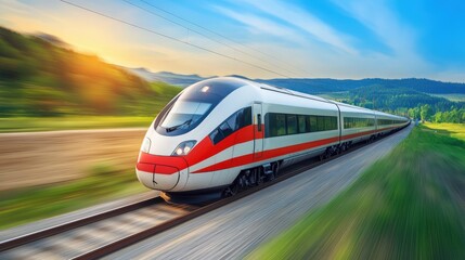 Fototapeta premium High-speed train traversing scenic countryside at sunrise.