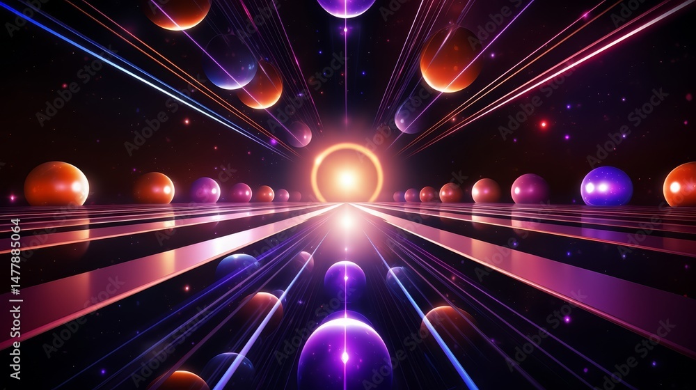 Aufkleber Colorful galaxy with many planets and a bright sun. The planets are all different sizes and colors, and they are all lined up in a row. The sky is dark
