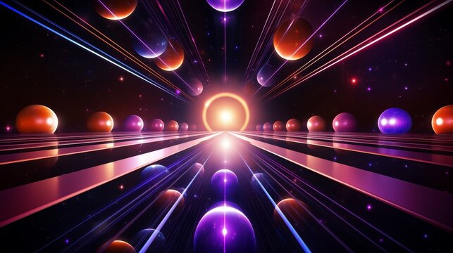Colorful galaxy with many planets and a bright sun. The planets are all different sizes and colors, and they are all lined up in a row. The sky is dark