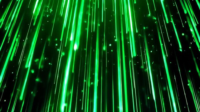 Cascade of Vibrant Green Light Streaks Creates Dynamic Upward Motion Against Dark Background, Evoking Futuristic and Energetic Atmosphere with Glowing Lines and Particles Resembling Digital Rain