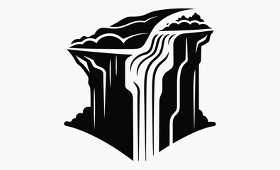 waterfall cliff silhouette, lake cascade icon, falling water vector