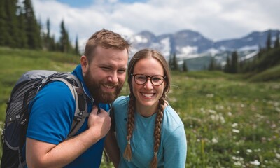 Obraz premium Smiling couple hiking in nature, enjoying a sunny day in the mountains with vibrant greenery.