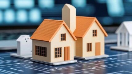 Multiple miniature house models stand on a detailed blue planning schematic or circuit board, depicting modern property technology.