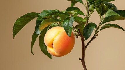 Perfectly Ripened Peach on Tree Branch with Fresh Green Leaves