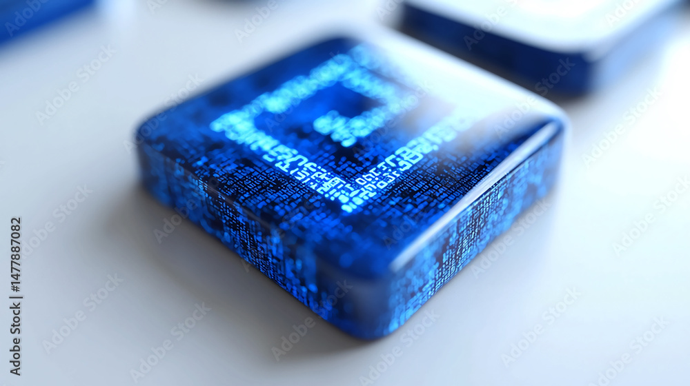 Poster blue digital technology concept square block with glowing data stream on white surface for tech indu