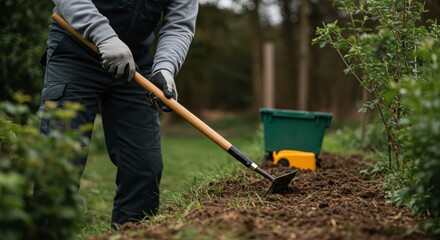 Gardener Preparing Soil with Hand Rake in Garden