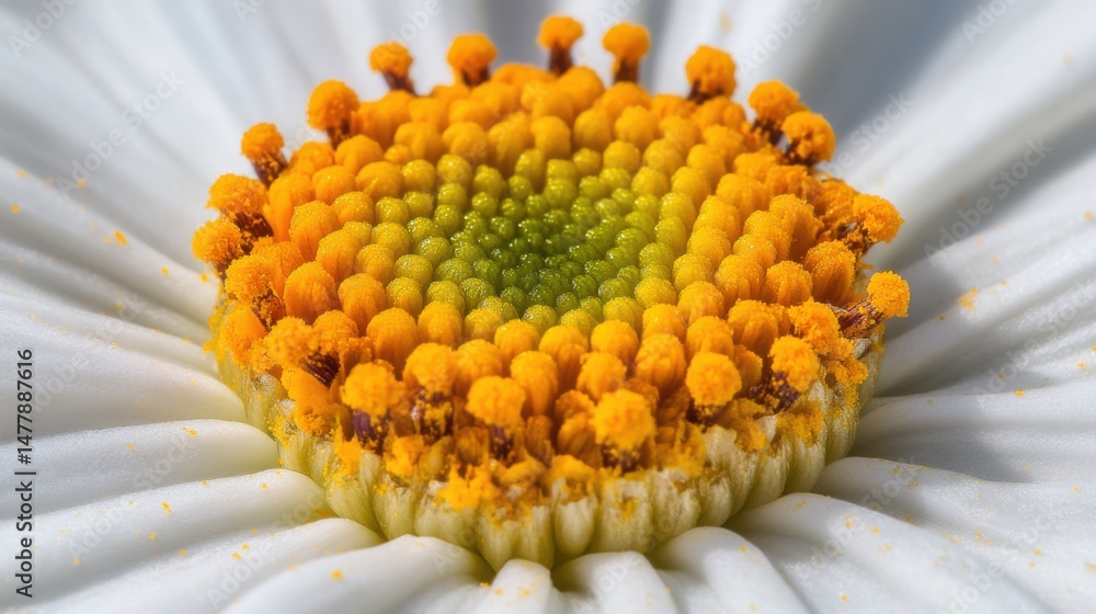 Poster extreme close-up of a daisy flower showing the pistils and petals in macro detail with a shallow dep