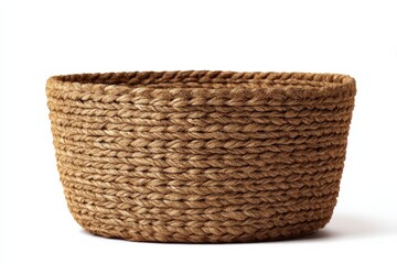 Obraz premium A beautifully handcrafted jute basket, showcasing a unique rope-like texture and warm, earthy tones. Perfect for adding a touch of rustic charm to any space.